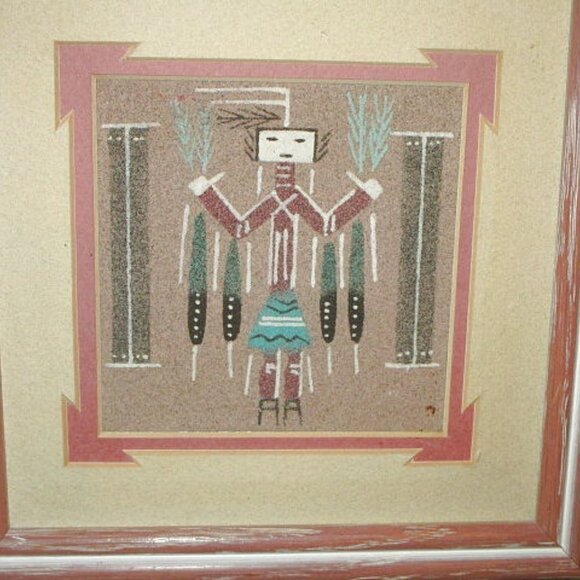 Vintage Authentic Native American Navajo Yei Sand Painting Artist Signed Framed - Picture 2 of 6